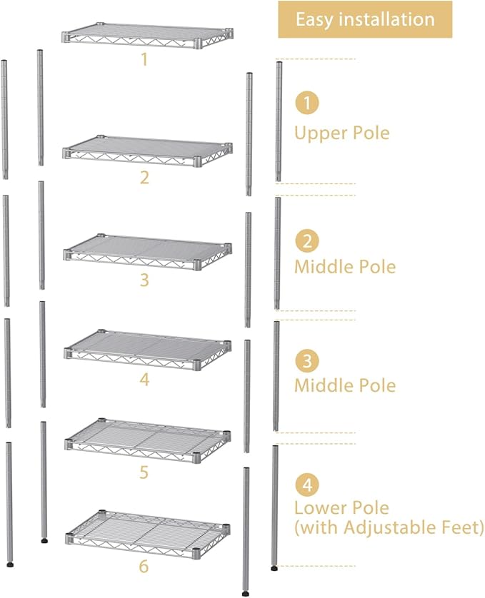 SINGAYE 6 Tier Shelf Wire Shelving Adjustable Storage Shelves Rack Standing Units for Kitchen Closet Laundry Bathroom Organizers Metal Pantry Narrow Mesh Gaps 10" D x 16" W x 60" H Gray