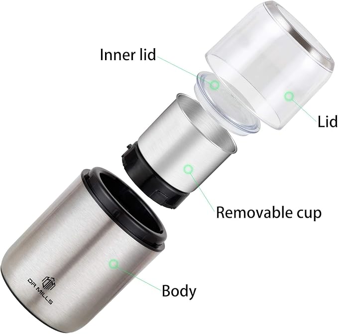 DR MILLS DM-7452 Electric Coffee Grinder,Spice Grinder Electric and chopper,detachable cup, diswash free, Blade & cup made with SUS304 stianlees steel