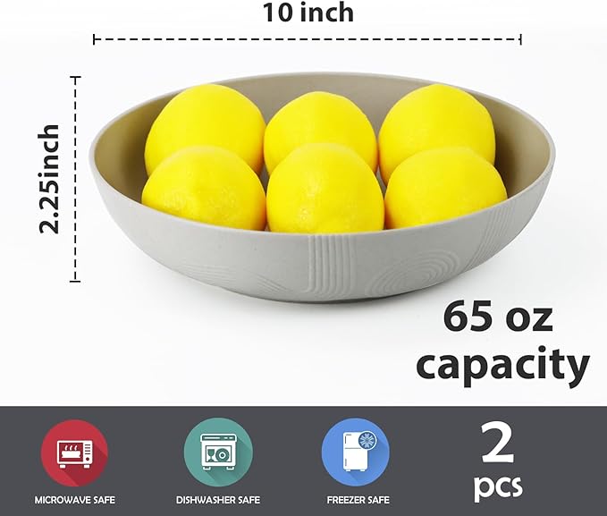 2 Pack Salad Bowls,10inch 65oz Large Salad Bowl Set,Plastic Bowl for Kitchen,wheat straw bowls Set for Soup,Cereal,Ramen,Fruit,Salad,Dishwasher & Microwave Safe,Easy Clean.Gray