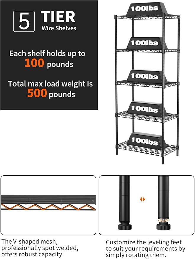SINGAYE Shelf Wire Shelving Adjustable Storage Shelves Rack Standing Units for Kitchen Closet Laundry Bathroom Organizers Metal Pantry Narrow Mesh Gaps 12" D x 22" W x 59" H Black