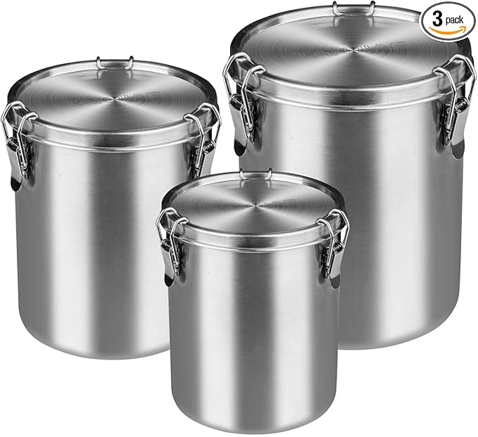 Compact Stainless Steel 100% Airtight Canisters Sets for Small Kitchens | Metal Food Storage Containers with Lids Sealed - Keep Flour, Sugar, Coffee, Tea Fresh for Months (18+35+56 fl oz)
