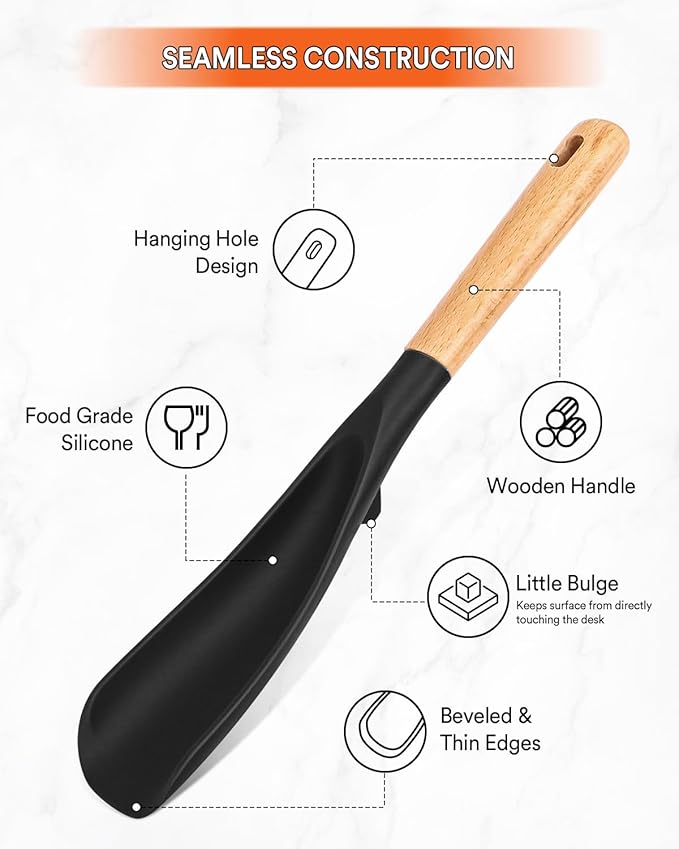 Cooking Spoon for Nonstick Cookwares, Great for Cooking and Serving Sturdy BPA-Free Matte Silicone, Wood Handle Spoon for Mixing, Scoop, and Scrape (Black & White, 11.4 inch)
