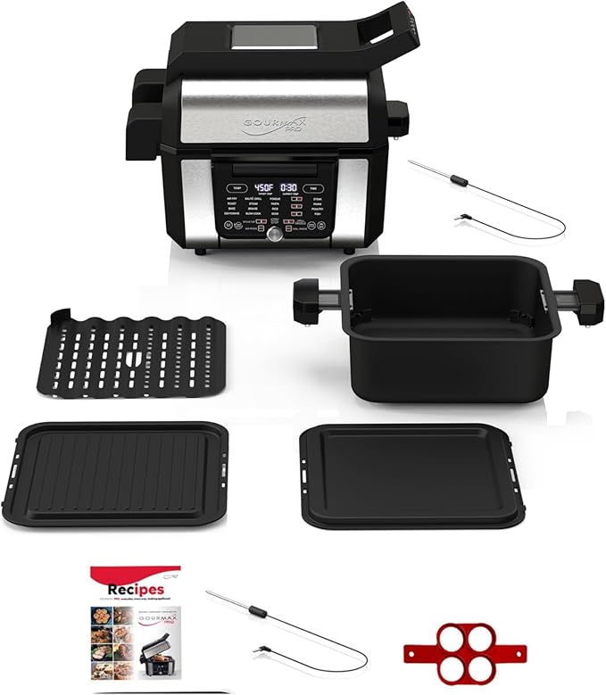 Foodgenie Gourmax Pro One Cooking Device - All-in-One Oven, Smokeless Grill, Air Fryer, Griddle, Cooker & More – 16 Preset Functions, Smart Temperature Control, Dual Surface, Dishwasher Safe, 1500W