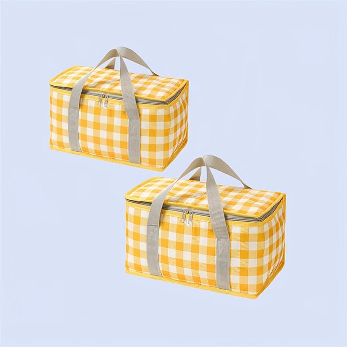 2pcs Insulated Reusable Food Picnic Bag Beach Bags, Beach Bag Cooler Bags with Zippered Top - Insulated Bag for Hot or Cold,Picnic Basket Collapsible, Outdoor Party, Camping,Festivals (B)