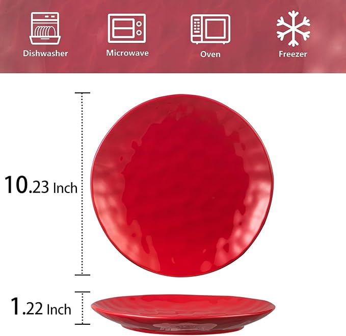 vicrays Ceramic Dinner Plates Set, 10 Inch, Microwave, Oven, Dishwasher Safe, Round, Porcelain Fluted Suitable for Steak, Pasta, Pizza, Home, Restaurant - Set of 6 Red