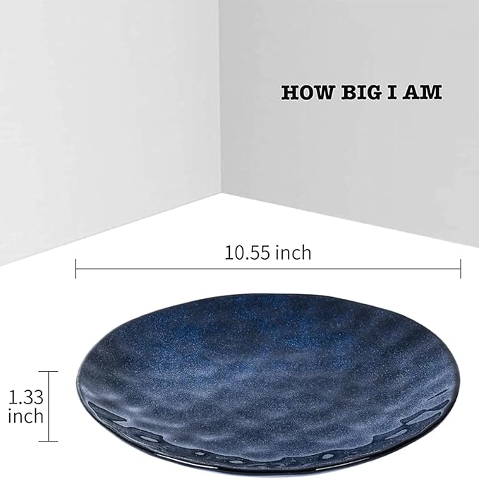 vicrays Ceramic Dinner Plates Set, 10.5 Inch, Set of 4, Round, Microwave, Oven, Dishwasher Safe, Porcelain Fluted Suitable for Steak, Pasta, Pizza, Home, Party, Restaurant (Blue)