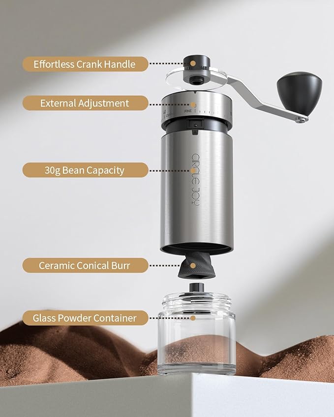 CIRCLE JOY Portable Manual Coffee Grinder with Ceramic Conical Burr and 40 External Adjustable Settings, Stainless Steel Hand Coffee Grinder for Camping, Travel and Espresso, Silver