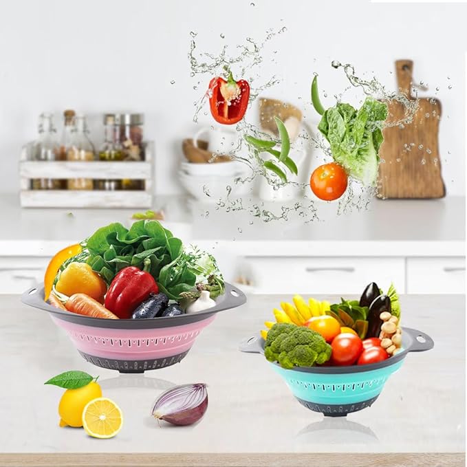 Collapsible Colander Set, Square Round Triangles Silicone Kitchen Strainer Perfect for Draining Pasta Vegetable fruit 2 PCS (Green & Red, 12"L x 9.5"W x 2.3"H)