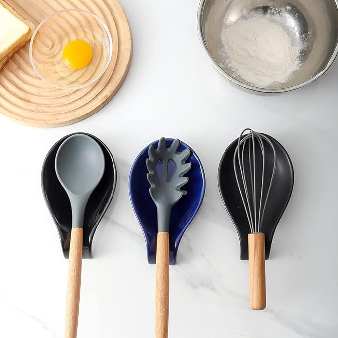 Nihow Ceramic Spoon Rest: 4 Inch Stable Utensil Rest - Heat Resistant Spoon Holder for Kitchen counter/Countertop/Stove Top - Dishwasher Safe - Matte Black (Set of 2)