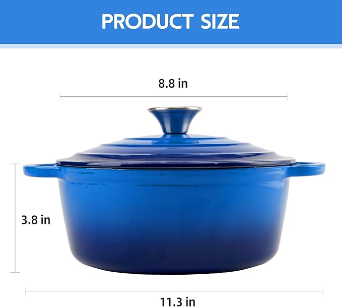 3 Quart Dutch Oven Enameled Cast Iron with Lid - Big Dual Handles - Oven Safe up to 500°F - Classic Round Pot for Versatile Cooking Blue