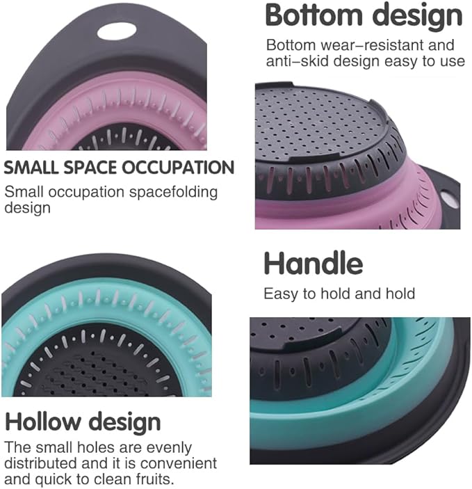 Collapsible Colander Set, Square Round Triangles Silicone Kitchen Strainer Perfect for Draining Pasta Vegetable fruit 2 PCS (Green & Red, 12"L x 9.5"W x 2.3"H)