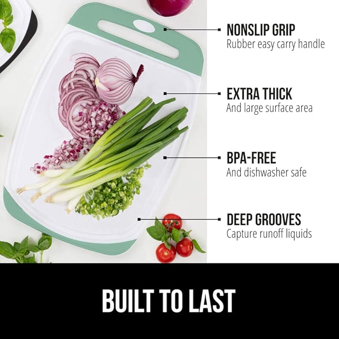GORILLA GRIP BPA-Free Reversible Kitchen Cutting Board Set of 3, US Designed, Nonporous, Juice Grooves Catch Liquid, Slip Resistant Border, Dishwasher Safe, Durable Large Food Chopping Boards, Mint