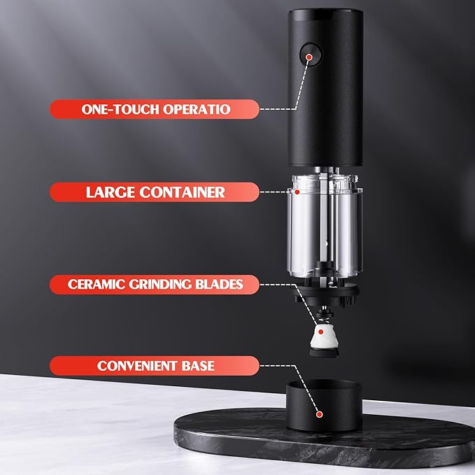 Electric Salt and Pepper Grinder Set Automatic Battery Pepper Mill Shakers Adjustable Coarseness Easy Filling Upgraded Larger Capacity with Led (1 Pack Black）