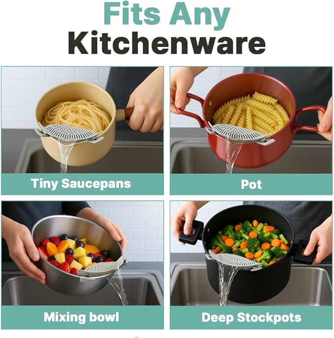 Silicone Clip-On Strainer for Pots and Pans (2 Pack) – Easy One-Handed Pasta and Noodle Draining Tool, BPA-Free Kitchen Gadget, Dishwasher Safe