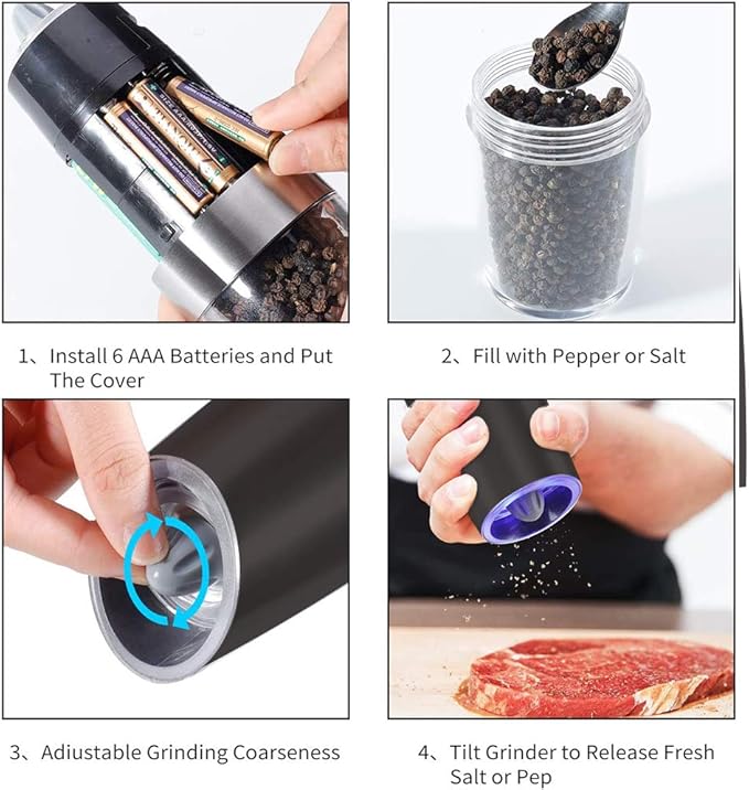 Electric Gravity Salt and Pepper Grinder set of 2, Automatic Salt and Pepper Mill Grinder, Adjustable Roughness, Battery Powered, Blue LED Light, Stainless Steel with One Hand Operation (Black)