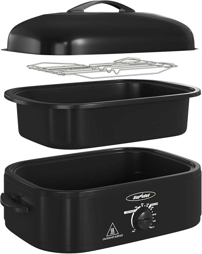 Sunvivi 14-Quart Roaster Oven with Self-Basting Lid, Electric Turkey Roaster Oven with Removable Pan and Rack, Stainless Steel, Black