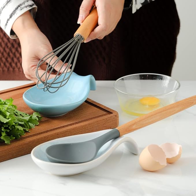 Nihow Ceramic Spoon Rest: 4 Inch Stable Utensil Rest - Heat Resistant Spoon Holder for Kitchen counter/Countertop/Stove Top - Dishwasher Safe - Elegant Green & White (1 PC)