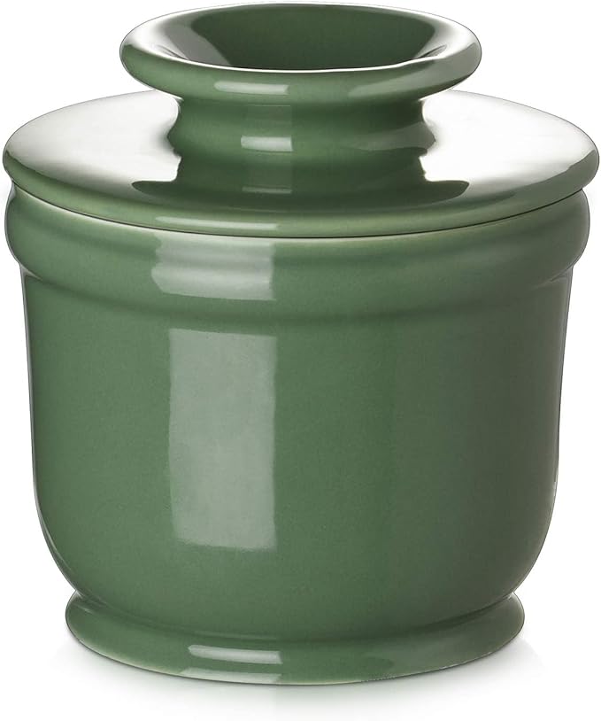 DOWAN Porcelain Butter Crock, Butter Keeper with Water Line, French Butter Dish for Soft Fresh Butter, Butter Container with Lid, No More Hard Butter, Green