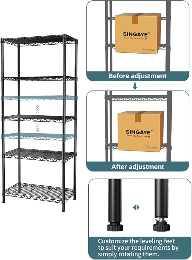 SINGAYE 5 Tier Storage Shelves Wire Shelving Unit Shelve Metal Kitchen Laundry Room Organization Home Pantry Closet Bathroom Organizers Garage Rack Estantes para Cocina 14" D x 24" W x 59.5" H Black