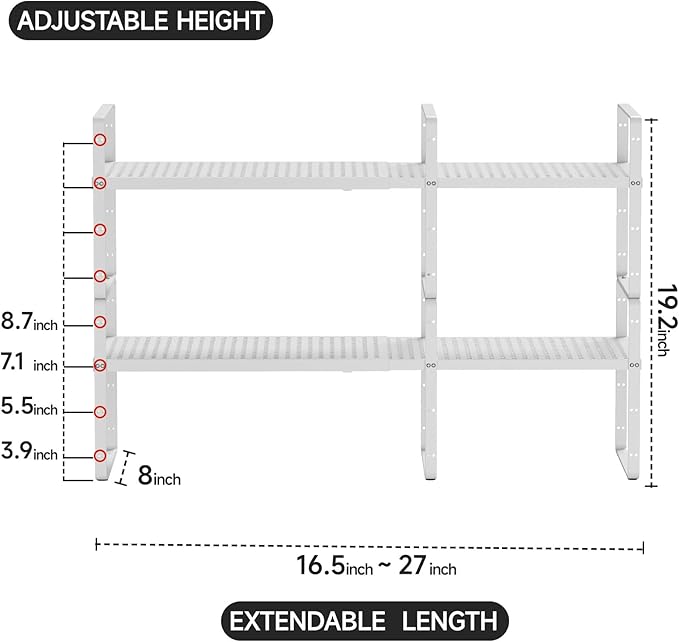 2Pack Expandable Cabinet Shelf Organizers, Stackable Metal Shelves Extender for Kitchen Countertop Storage, Adjustable Spices Shelves Rack Stand for Cupboard Pantry, White