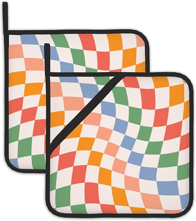 2 Pack Colorful Checkered Pot Holders for Kitchen Heat Resistant, Abstract Retro Wavy Potholders for Kitchens Washable for Cooking & Baking & Microwave