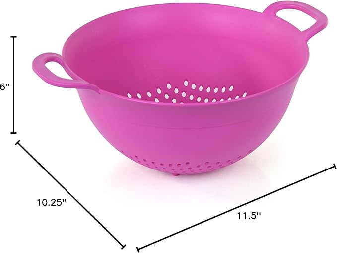 Mintra Home Plastic Strainer Colanders Set: 3, 3.5 and 5 Quart (Fuchsia) Double Strong Handles and Deep Bowl, Safe BPA-Free - Use for Pasta, Noodles, Spaghetti, Vegetables (Assorted Sizes 3pk)