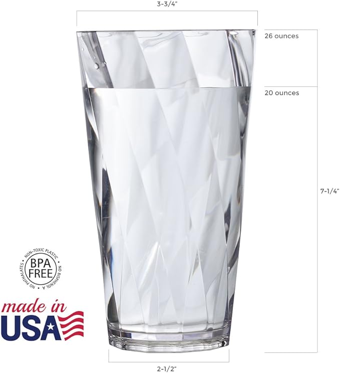 US Acrylic Optix Plastic Reusable Drinking Glasses (Set of 8) 26oz Iced-Tea Cups in Clear | BPA-Free Tumblers, Made in USA | Top-Rack Dishwasher Safe