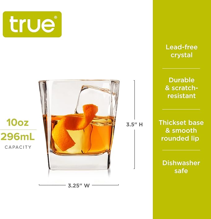 TRUE Square Rocks Glass, Old Fashioned Whiskey Glasses, Superb Drinking Cups for Cocktail Party, Home Bar, Bartender Accessories, Set of 4, 10 oz