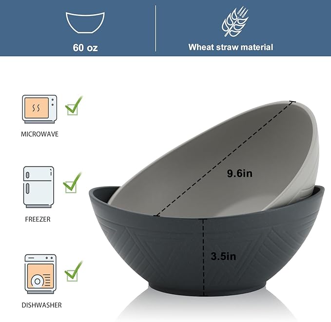 65oz Big Wheat Straw Bowls - Large Salad Bowls set of 6 - Unbreakable Serving Bowls - Microwave & Dishwasher Safe - Oval Bowls for Cereal,Salad,Fruit - Classic Series
