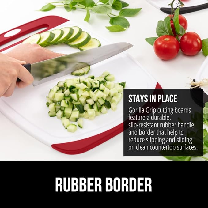 GORILLA GRIP 100% BPA-Free Reversible Kitchen Cutting Board Set of 3, Nonporous, Juice Grooves to Catch Liquid, Slip Resistant Handle Border, Dishwasher Safe, Durable Large Food Chopping Boards, Red