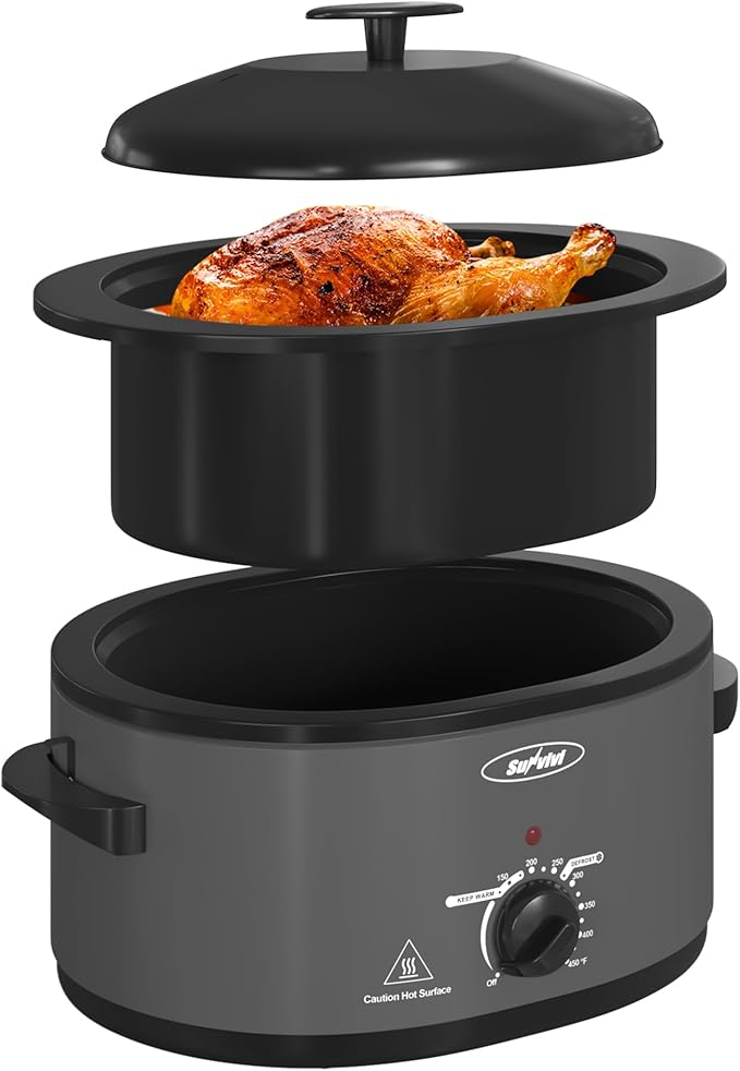 Sunvivi Roaster Oven with Self-Basting Lid, Electric 8-Quart Turkey Roaster Oven with Removable Pan and Rack, Stainless Steel, Grey
