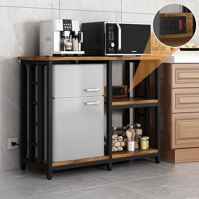 Mini Fridge Stand with Power Outlet, Mini Fridge Stand, Microwave Oven Stand Table, Bar Cabinet, Aquarium Stands, 4-Tier Kitchen Baker's Rack for Spices, Pots and Pans.
