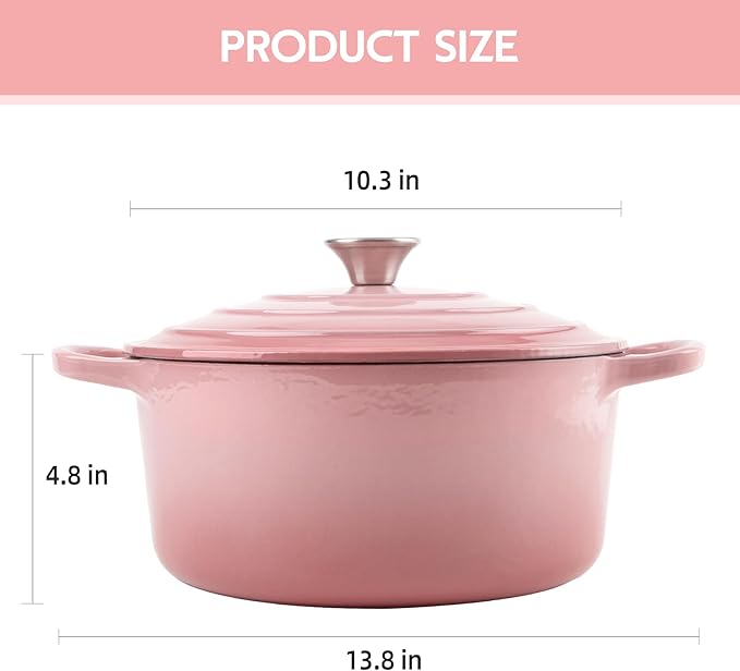 6 Quart Dutch Oven Enameled Cast Iron with Lid - Big Dual Handles - Oven Safe up to 500°F - Classic Round Pot for Versatile Cooking (Pink, 6 QT)