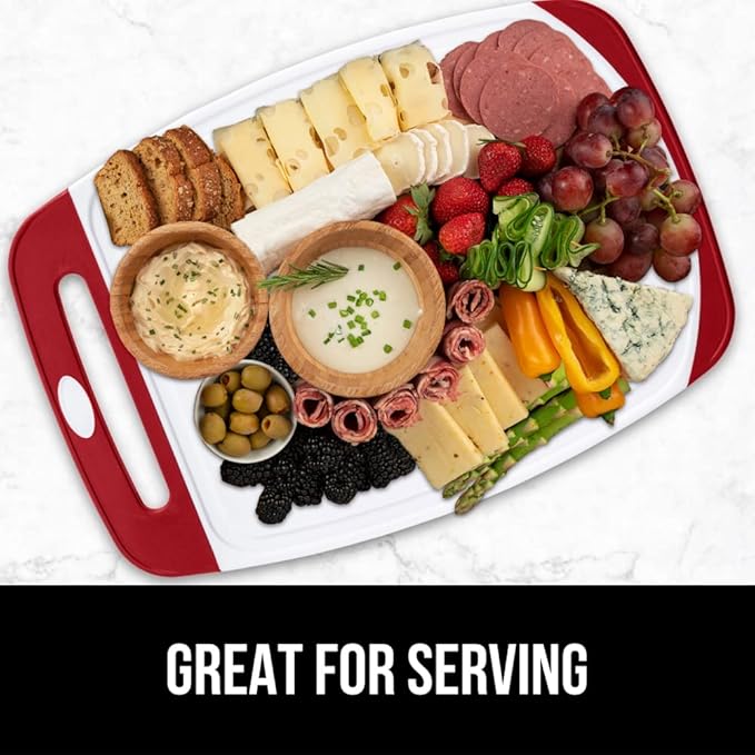 GORILLA GRIP 100% BPA-Free Reversible Kitchen Cutting Board Set of 3, Nonporous, Juice Grooves to Catch Liquid, Slip Resistant Handle Border, Dishwasher Safe, Durable Large Food Chopping Boards, Red