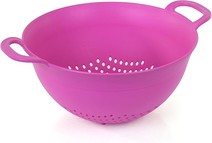 Mintra Home Plastic Strainer Colanders Set: 3, 3.5 and 5 Quart (Fuchsia) Double Strong Handles and Deep Bowl, Safe BPA-Free - Use for Pasta, Noodles, Spaghetti, Vegetables (Assorted Sizes 3pk)