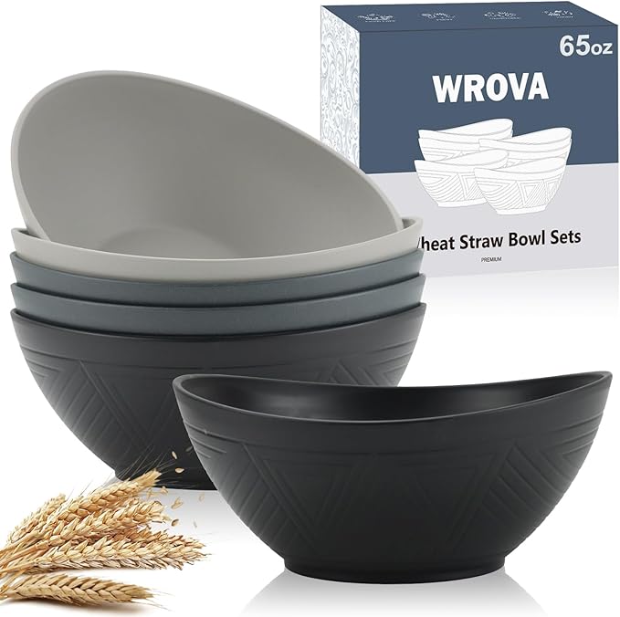 65oz Big Wheat Straw Bowls - Large Salad Bowls set of 6 - Unbreakable Serving Bowls - Microwave & Dishwasher Safe - Oval Bowls for Cereal,Salad,Fruit - Classic Series