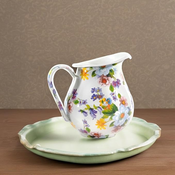 MACKENZIE-CHILDS Enamel Pitcher with Spout for Water, Cut Flowers, and Home Decor, 3 Quarts, White Flower Market