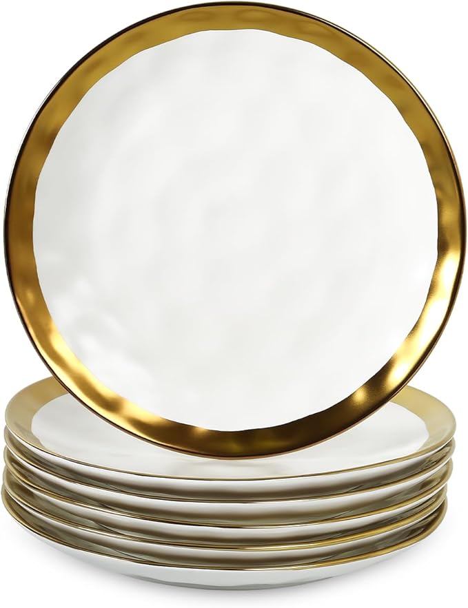 vicrays Ceramic Dessert Salad Plates, 8 Inch, Set of 6, Round, Dishwasher Safe, NOT Microwave Safe, Scratch Resistant, Suitable for Appetizer, Home, Restaurant (White with Golden)