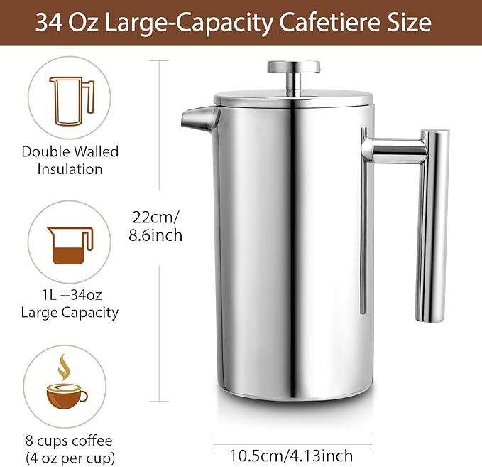 34oz French Press Coffee Maker, 1000ml Stainless Steel Double Insulated Cafetiere 8 Cup Espresso Coffee Press, Portable Coffee Plunger Pot for Home, Office, Camping