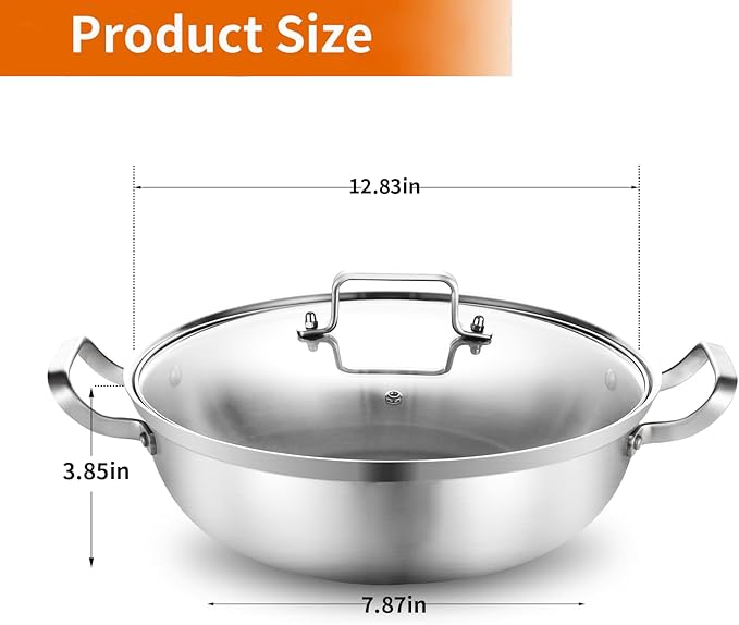 DELARLO Tri-Ply Stainless Steel 12 inch Everyday Pan with Glass Lid, Deep Saute Pan, Kitchen Everything Pan, High Side Chef's Pans, Induction Cooking Pot, Dishwasher Safe, 4QT Stock Pot Up To 600℉