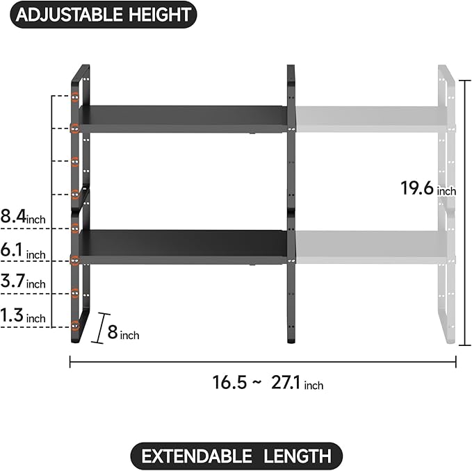 2Pack 16.5-27’’L Expandable Cabinet Shelf Organizers, Stackable Metal Shelves Extender for Kitchen Countertop Storage, Adjustable Spices Shelves Rack Stand for Cupboard Pantry, Black