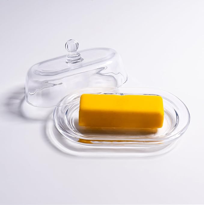 7.5" Large Glass Butter Dish with Cover, Clear Crystal Glass Butter Holder Tray with Lid for Countertop Fridge