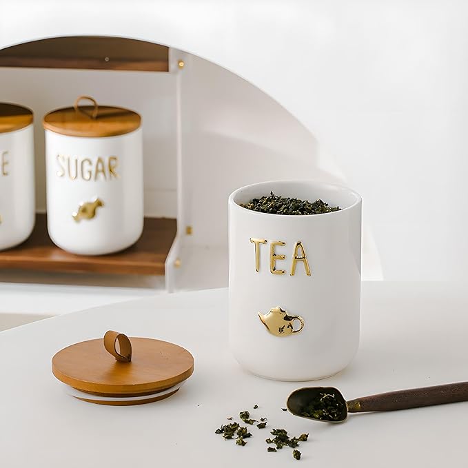 YYW Kitchen Canisters for Countertop, White Airtight Ceramic Canister with Seal Wooden Lid Storage Container for Coffee Bean Ground Coffee Sugar and Tea (White(tea))