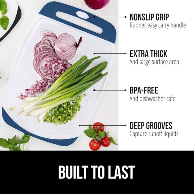 GORILLA GRIP BPA-Free Reversible Kitchen Cutting Board Set of 3, US Designed, Nonporous, Juice Grooves Catch Liquid, Slip Resistant Border, Dishwasher Safe Large Food Chopping Boards, Red Blue Green
