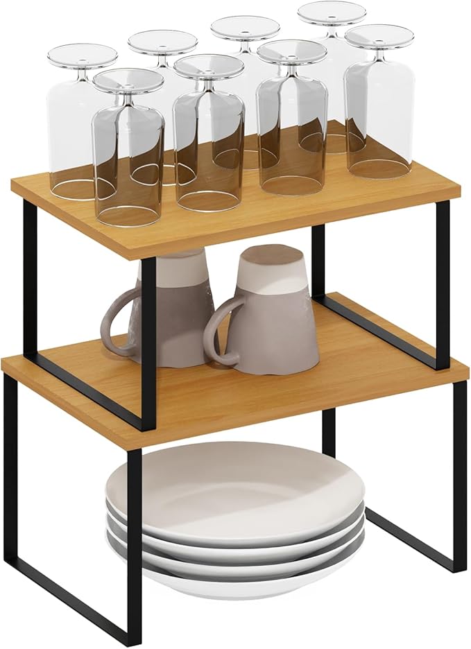 Furinno Ravel Multipurpose Expandable, Stackable Kitchen Counter Shelves, Set of 2, Beech/Black