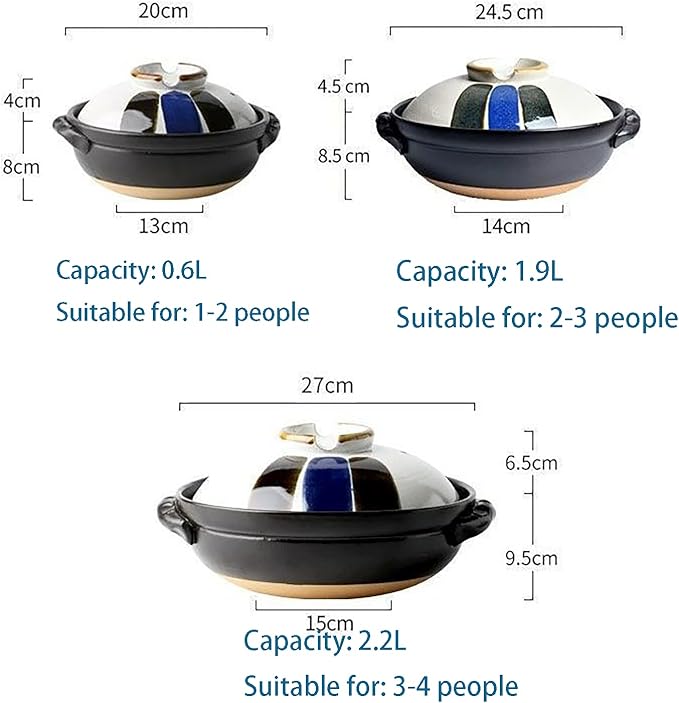 Japanese Ceramic Hot Pot Ceramic Stockpot Clay Cooking Pot Cookware Stovetop, Heat Resistant Casserole with Lid,Small Round Earthenware Clay Pot,Rice Cooker for Stew Soup Noodles,2.2l