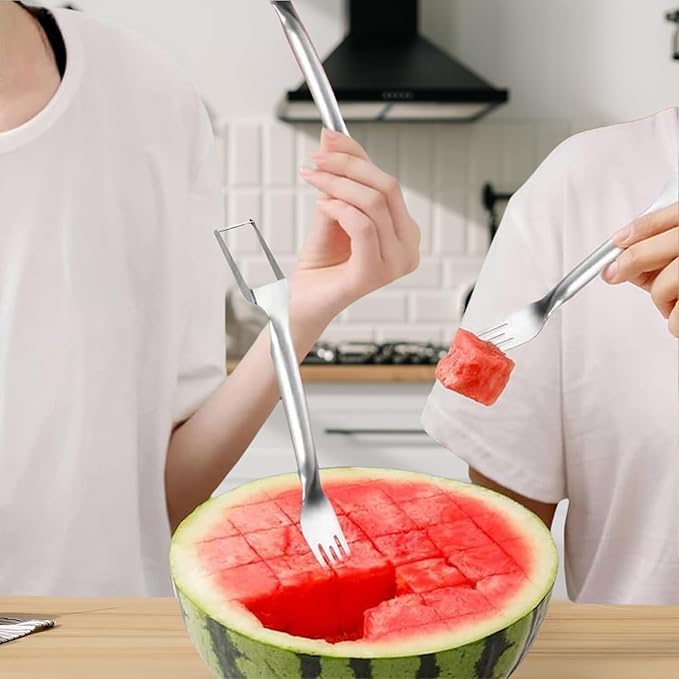 Watermelon Fork Slicer Cutter 2 in 1 & Melon Baller Scoop Set - Stainless Steel Fruits Cutter Kit, Fruit Carving Tools Watermelon Cutter Slicer Tool for DIY Fruit Salads, Melons, Kitchen Gadget (1)