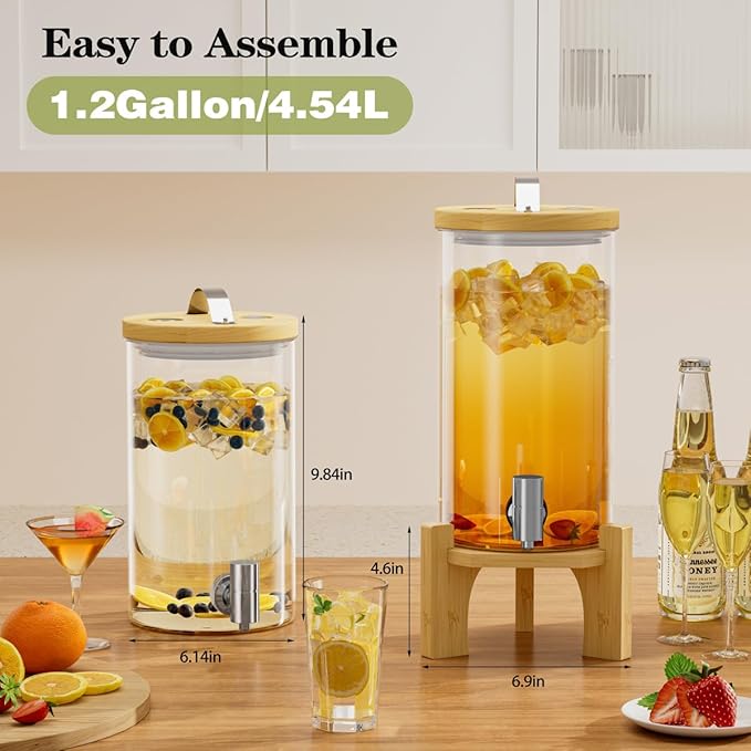 1.2 Gallon Glass Drink Dispenser For Parties, Beverage Dispenser With Bamboo Wood Stand And Stainless Steel Spigot, Countertop Water Dispenser, Lemonade Dispenser For Wedding, Picnic (1PACK)