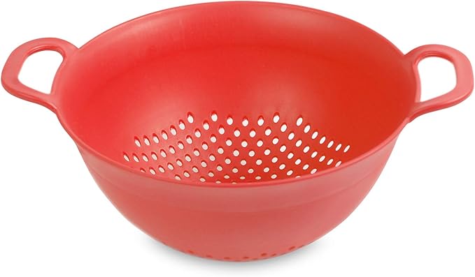 Mintra Home Plastic Strainer Colanders Set: 3, 3.5 and 5 Quart (Red) Double Strong Handles and Deep Bowl, Safe BPA-Free - Use for Pasta, Noodles, Spaghetti, Vegetables (Assorted Sizes 3pk)