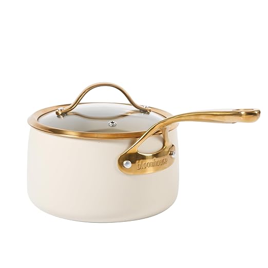 bloomhouse 3 Quart Heavy Duty Aluminum Premium PFA Free Ceramic Nonstick Saucepan with Lid - Almond Cream w/Gold Handle